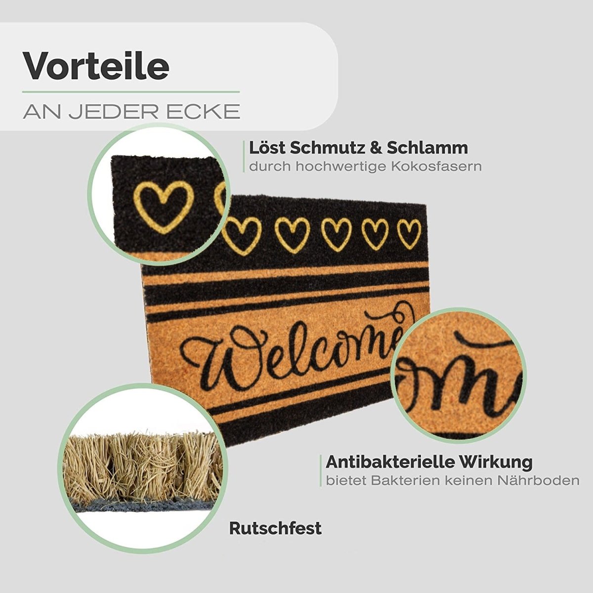 Fussmatte aus Kokos mit Welcome und Herz Design - Entrando